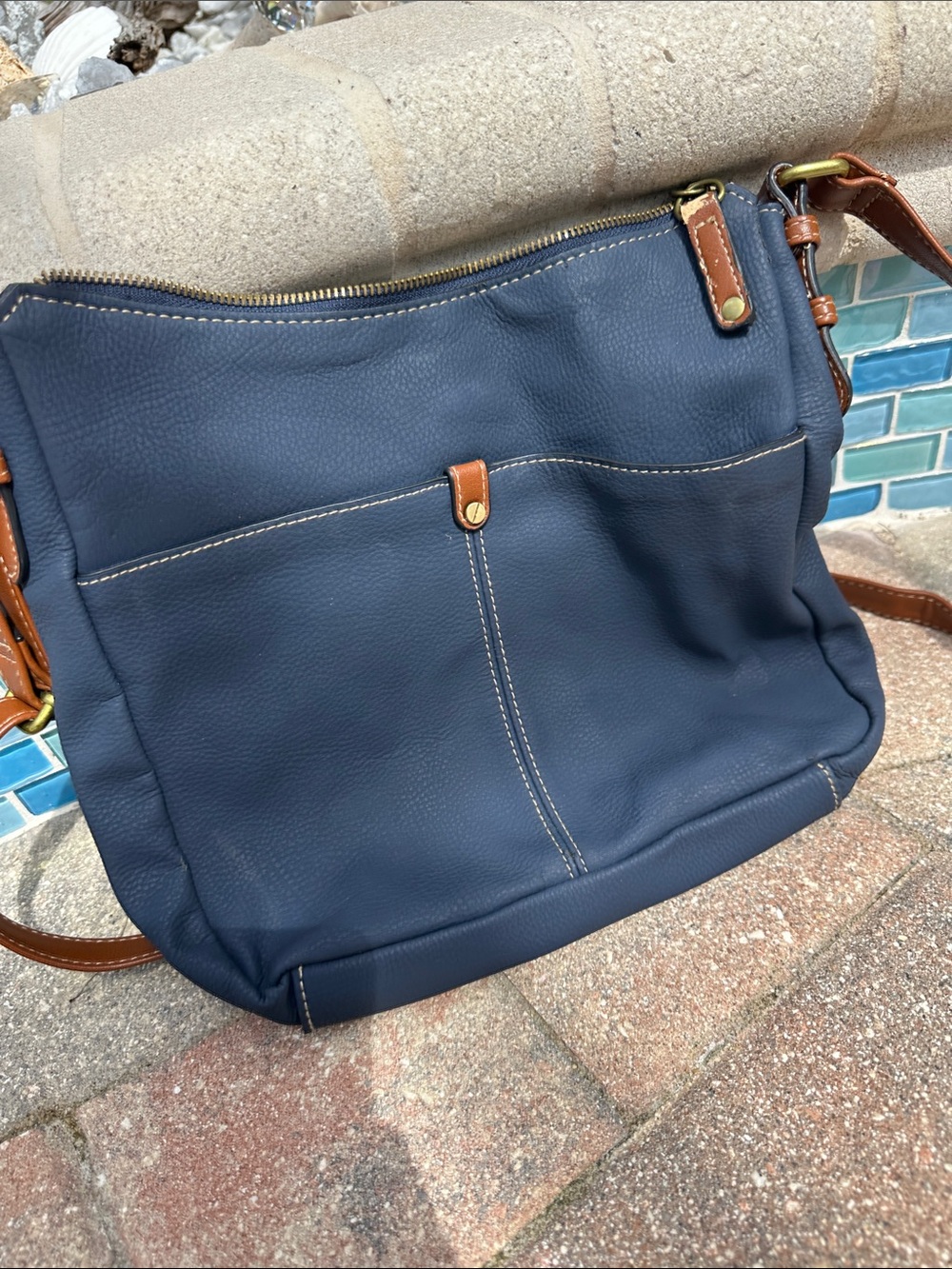 Merona Navy Crossbody Tote with Brown Trim